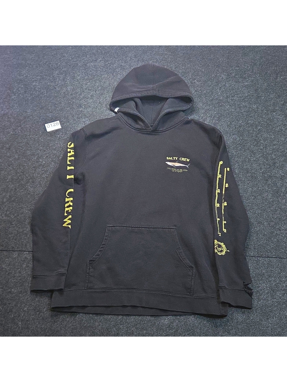 Salty Crew Men's XL Black Fleece Pullover Hoodie Fish Graphic Logo Print Pockets